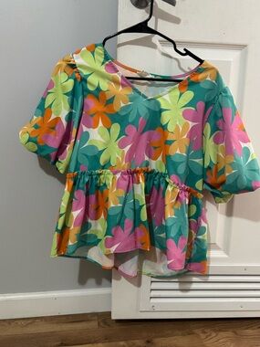 Fantastic Fawn Teal, Orange & Lime Floral Top